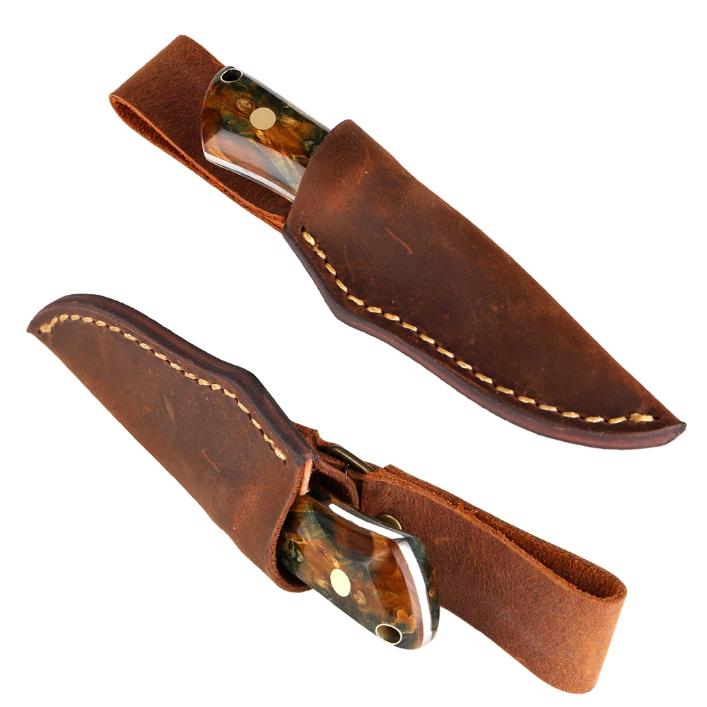 Handmade Damascus Fruit Knife Damascus Steel Blade Hunting Skinning Knife Fixed Blade Camping Survival Knife With Leather Sheath