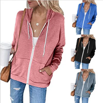 
European And American Autumn And Winter Fashion Solid Color Long Sleeve Pocket Drawstring Hooded Zipper Thickened Ladies Sweater 