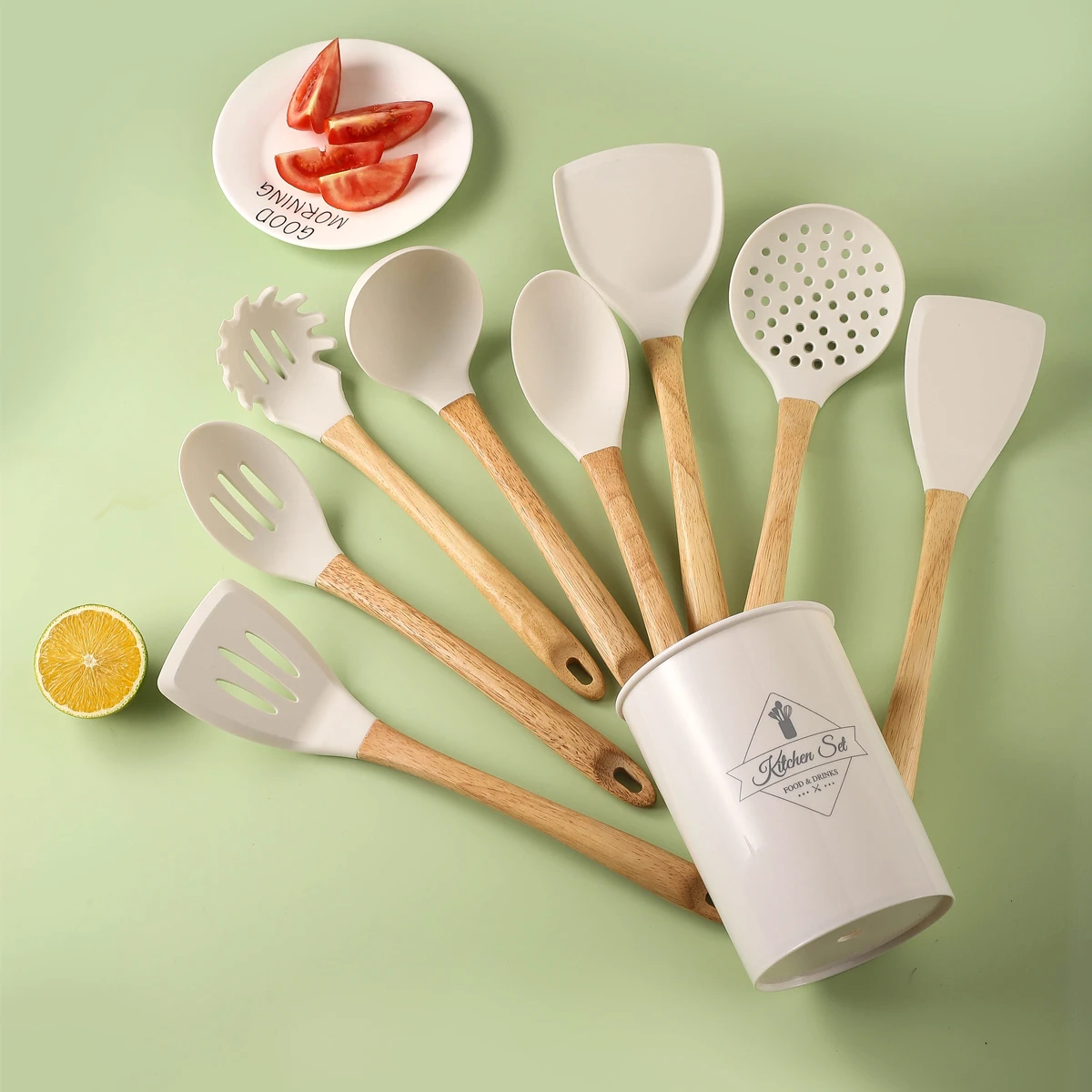 MANJIA Heat Resistant BPA Free Silicone Cooking Utensils Set Kitchen Utensil Spatula Set  Wooden Handles and Holder