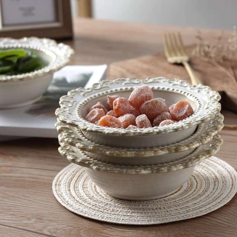 European Antique Embossed Palace Style Porcelain Dinnerware Soup Fruit Salad Bowl Relief Retro Deep Dish Plate Bowl Sets