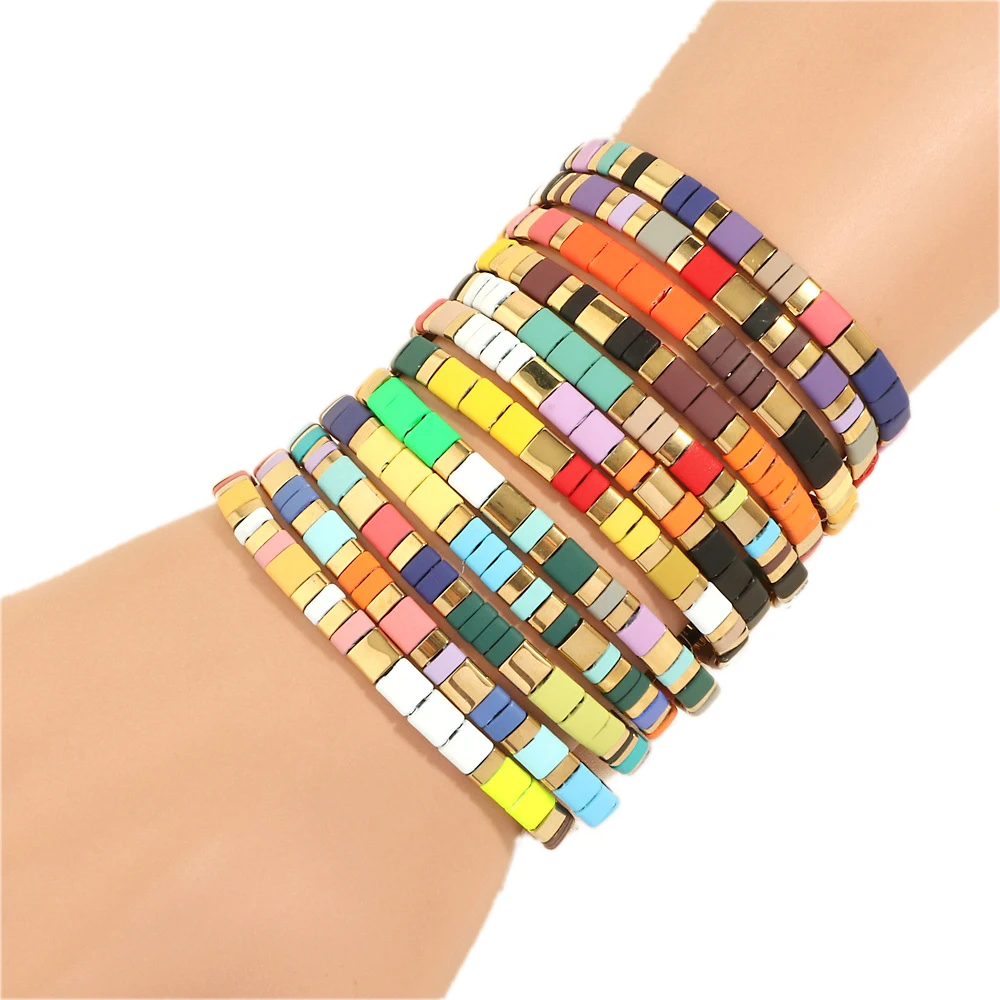 High quality handmade Bohemian Multi Color Flat Adjustable Paint Beads Elastic Bracelet Women Jewelry