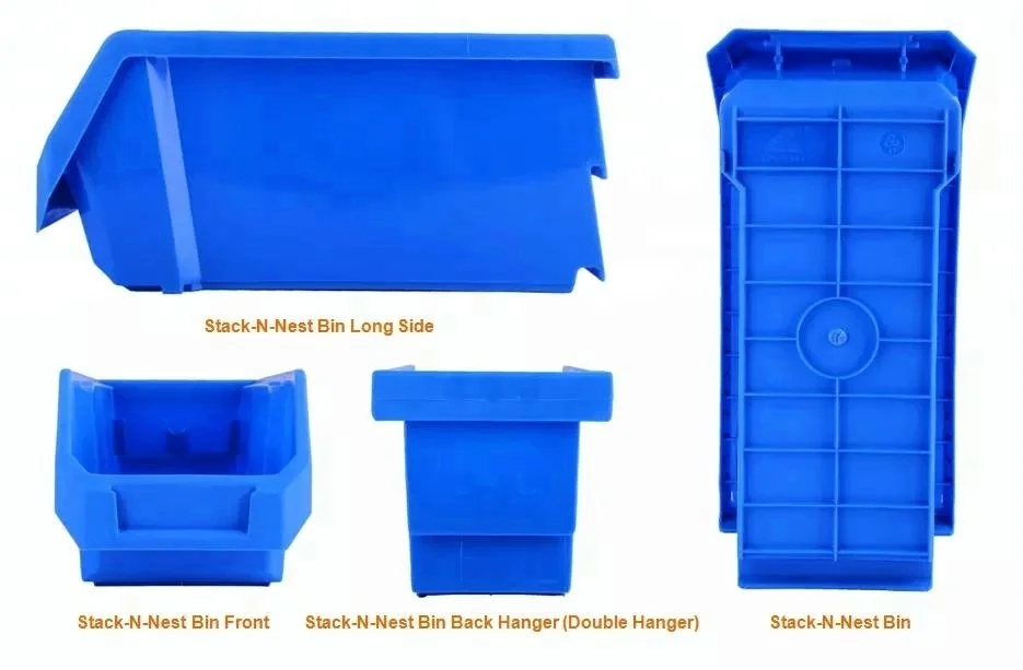 Large size plastic tool stackable and hanging storage bin for garage storage