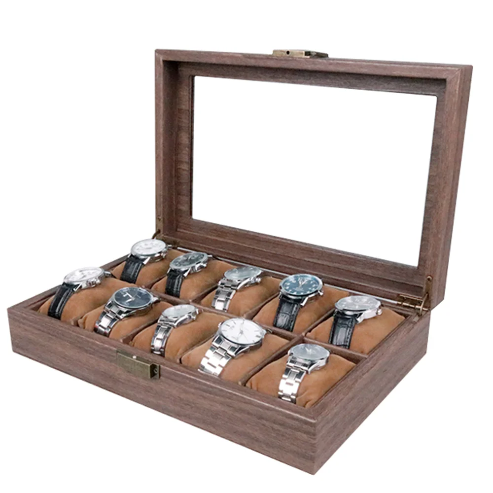 High-Grade Wrap Wooden Texture PU Leather Watch Box With Glass Window 10  Slots Watches Storage Cases