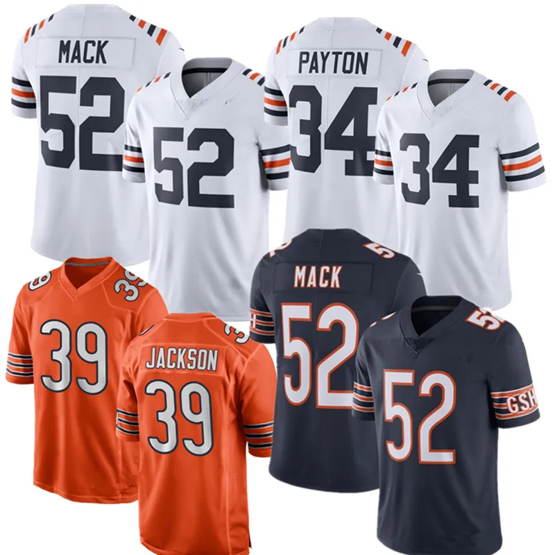 34 Walter Payton 52 Khalil Mack Jersey 39 Eddie Jackson Football Jerseys Embroidery Logos