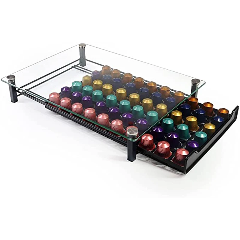 Tempered Glass Top Coffee Pod Drawer Holds 60 Pods Coffee Pod Storage Drawer Organizer for Coffee Shop Office Kitchen Counter