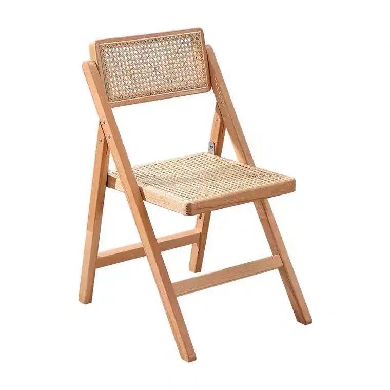 Factory Direct Sale Vintage Natural Rattan Cane Wicker Chair Wooden Folding Dining Chair