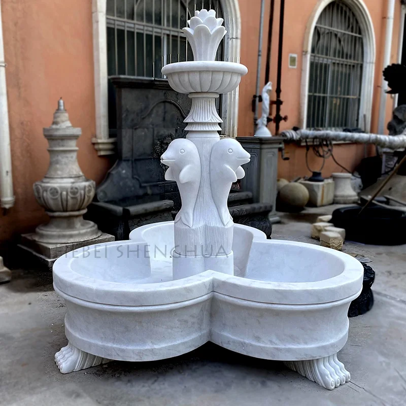 Outdoor Garden Hand Carved Marble Life Size Dolphin Sculpture Water Fountain Statue With Pool