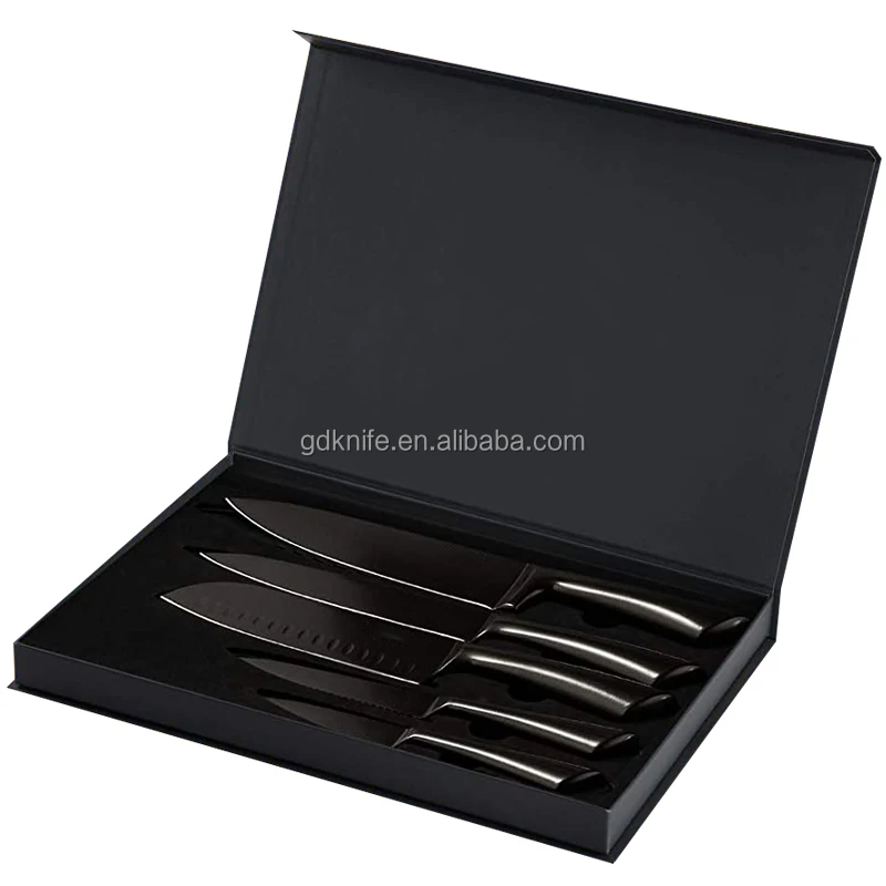 Super sharp 5pcs Hollow Handle black coating Kitchen Knife set Stainless Steel chef Knives Set