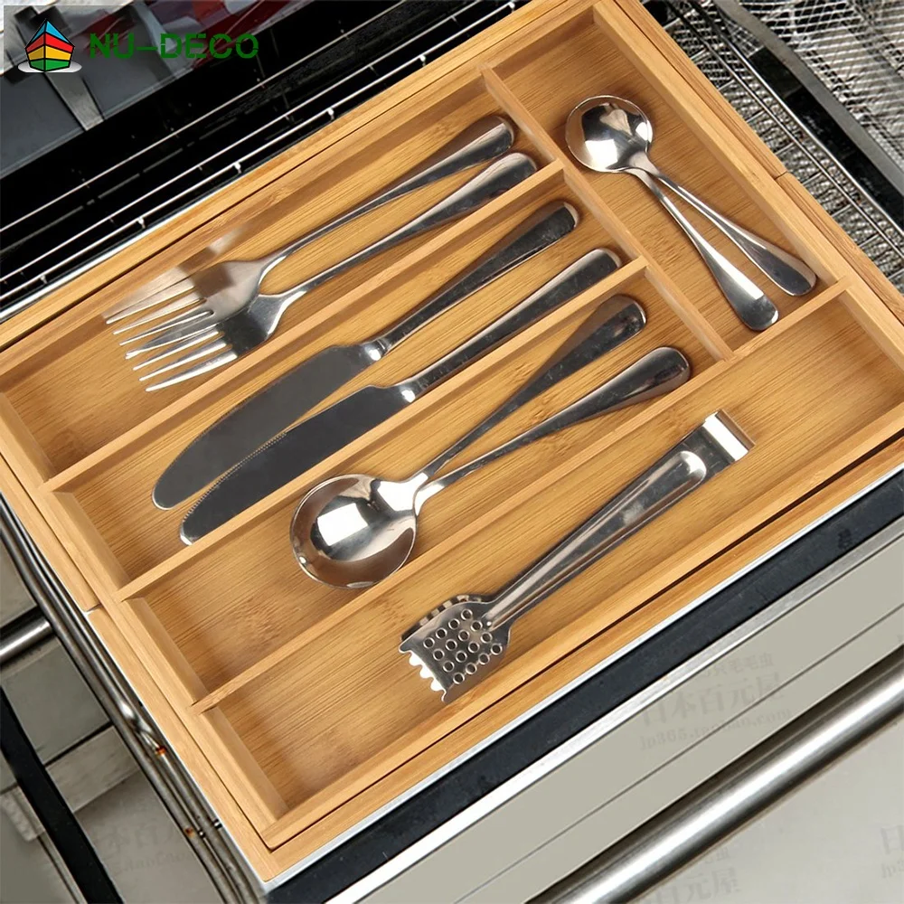 100% Натуральный Бамбуковый растягивающийся кухонный Регулируемый лоток для столовых приборов, ящик-органайзер с ножом-блоком