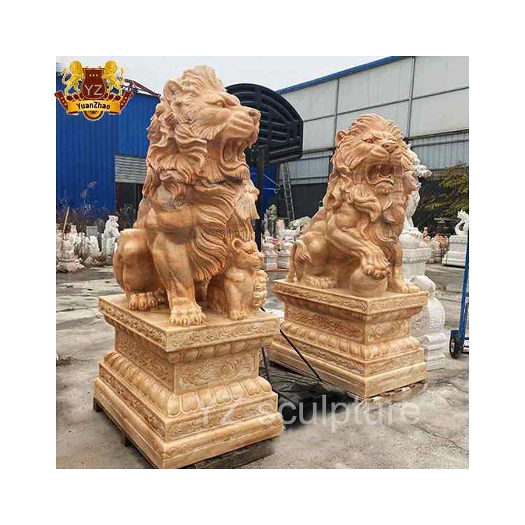Outdoor Garden Hand-Carved Natural Marble Stone Lion Statue Granite Right & Left Lion Status Winged Marble Lions Statue