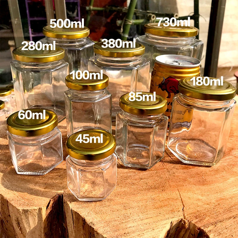 High Grade Hexagon Glass Honey Jars Jam Sauce Pickle Storage Bottle with Metal Lids