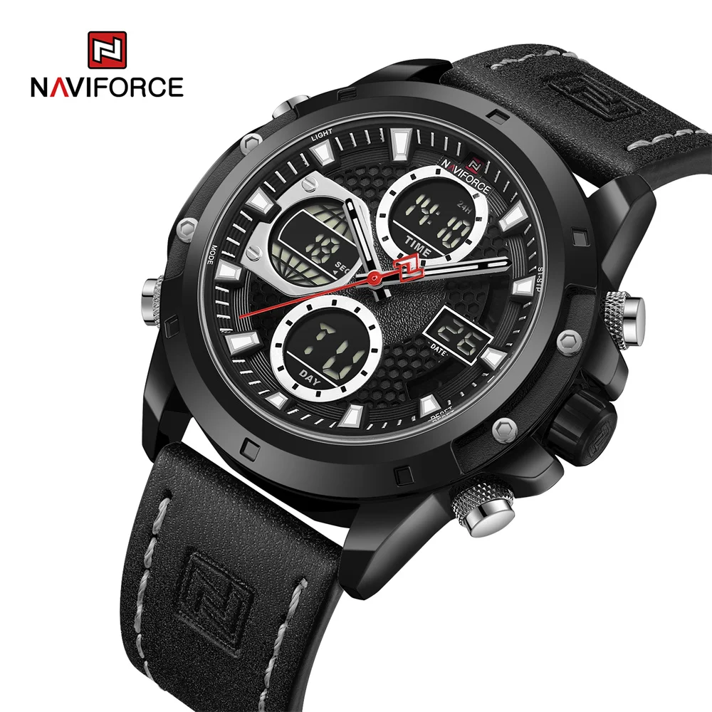 NAVIFORCE 9225 BBB Genuine Leather Quartz Watch For Men Analog Big Dial Wrist Watch Small Three Needle Chronograph Custom Logo