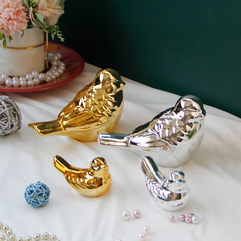 Amazon Hot Sale Lovely Ceramic Craft Golden Silver Porcelain Bird Shape Art Craft For Home Decoration And  Gifts