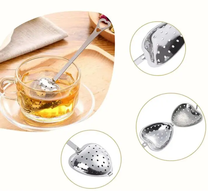 Hot Selling 304 Stainless Steel Long Grip Spoon Loose Tea Leaf Filter Gold Heart Shaped Mesh Tea Infuser Tea Strainer