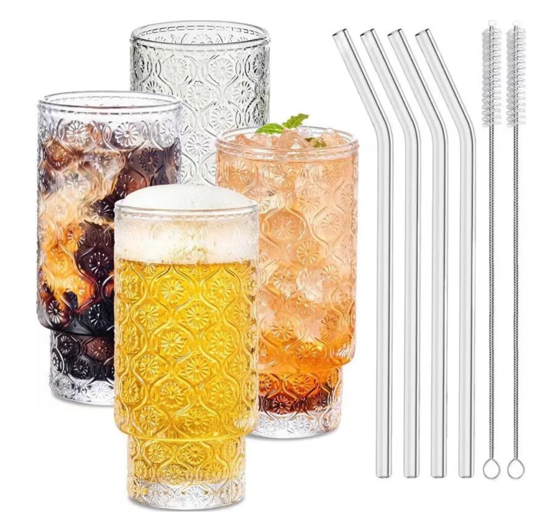 16oz Vintage Embossed Glass Cups Ice American Coffee Cup Stackable Bead Pattern Drinking Glasses