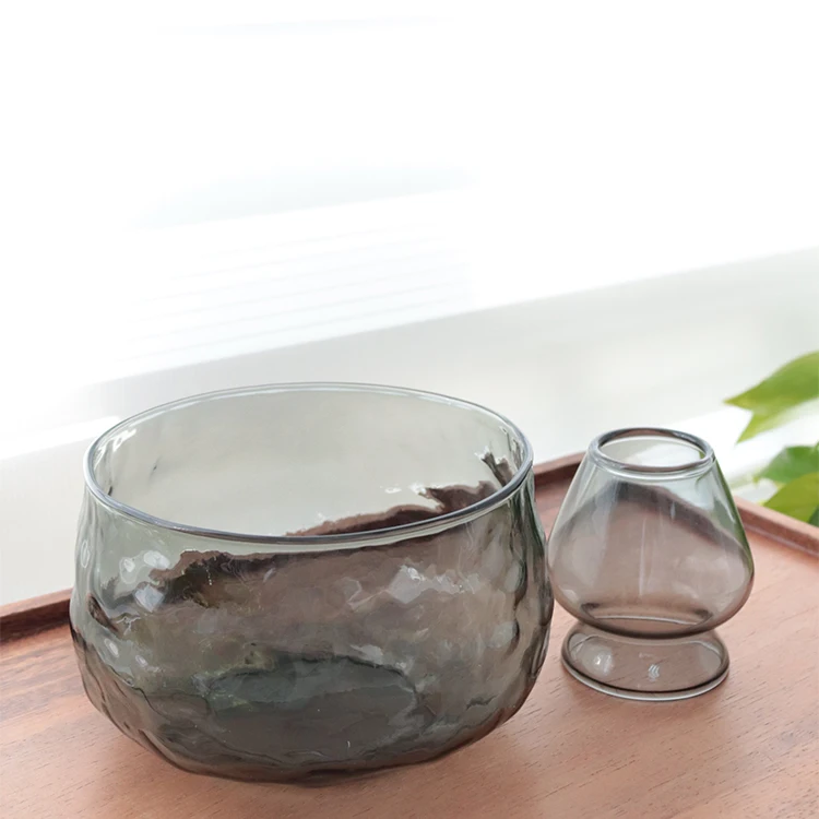 Newell Ceremonial Tea Tool Whisking Chawan Black Textured Glass Handmade Pouring Spout Bamboo Whisk Matcha Bowl With Stand