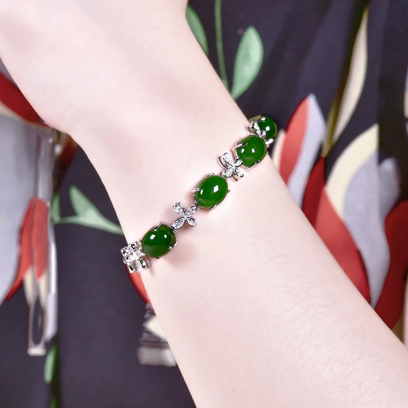 
Wholesale 2019 Natural Russian material jasper bracelet 925 silver inlaid jade zircon bracelet fashion ladies fashion jewelry 