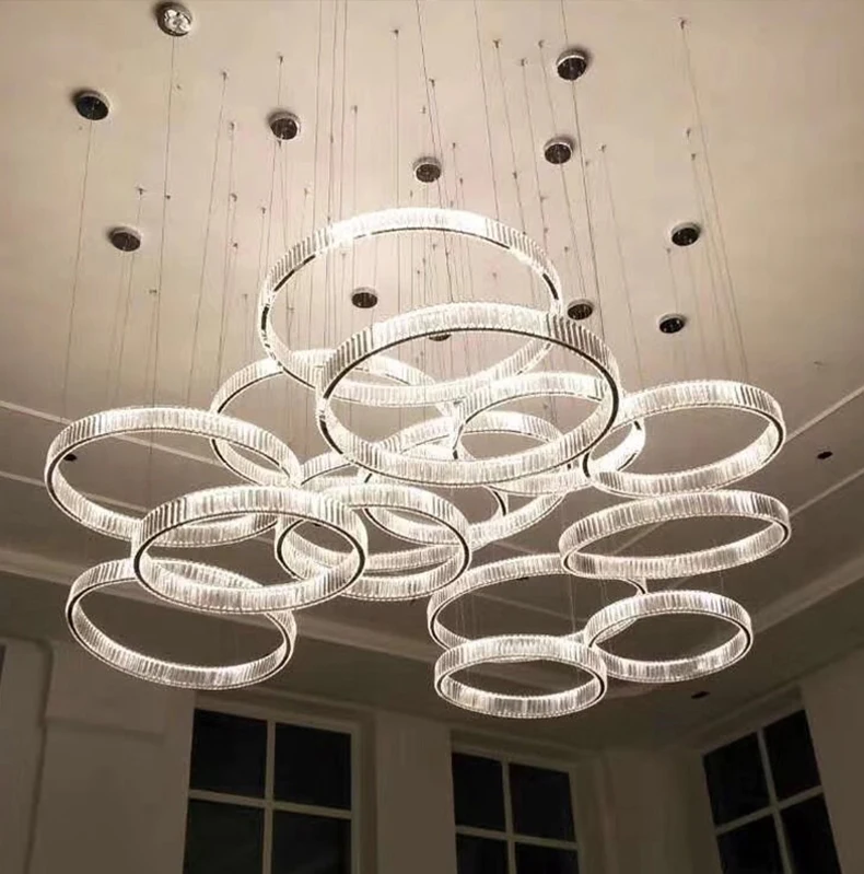 Kasanto Lighting K9 crystal modern large lobby crystal chandelier stairs lights ring circle led chandelier 6 lights rings