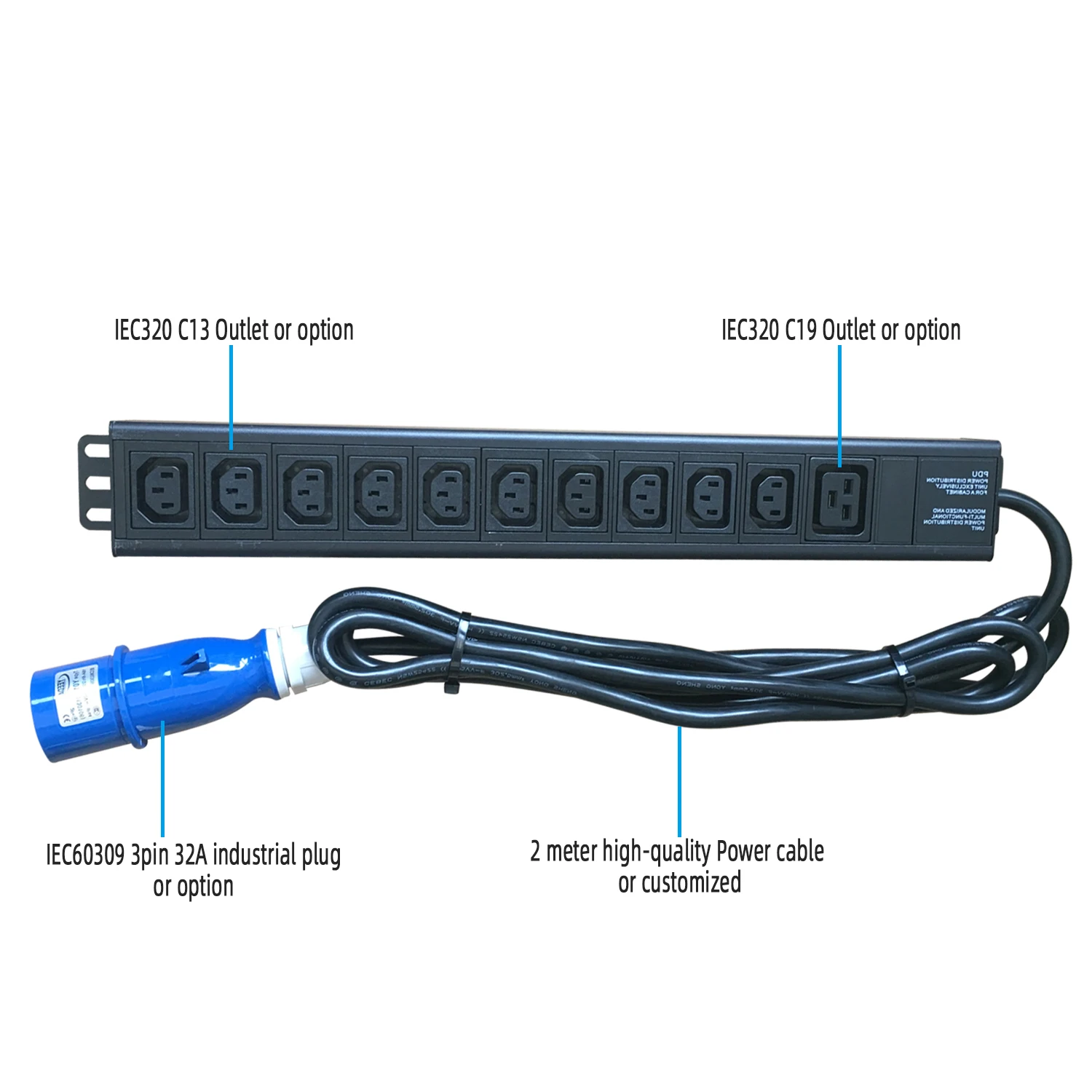OEM 1U Universal  PDU 220V Rack Power Distribution Unit IEC C13 C19 32A PDU Industrial Plug