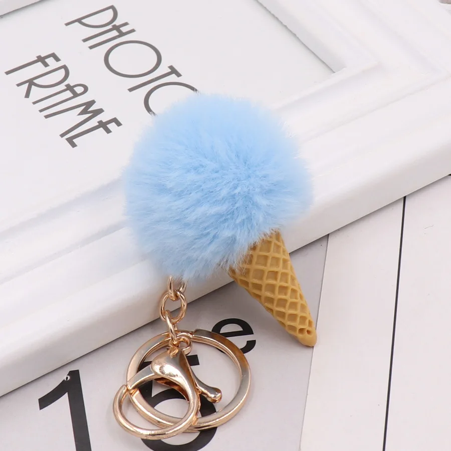 Ding Yi wholesale Fur Puff Key holder Ball Shape colorful Pom pom kids Ice cream Keychain