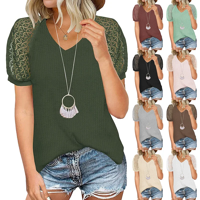 New Arrivals 2024 Casual Fashionable Casual Shirts Tops Lace stitching short sleeve v-neck Elegant Blouse Women