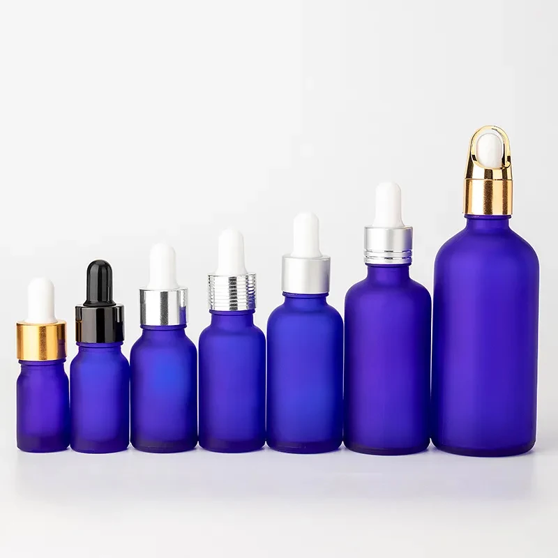 Hot Sale Frosted Matte Cobalt Blue Glass Dropper Bottle 30ml Boston Round Bottle with Silver Gold Cap Essential Oil Glass Bottle