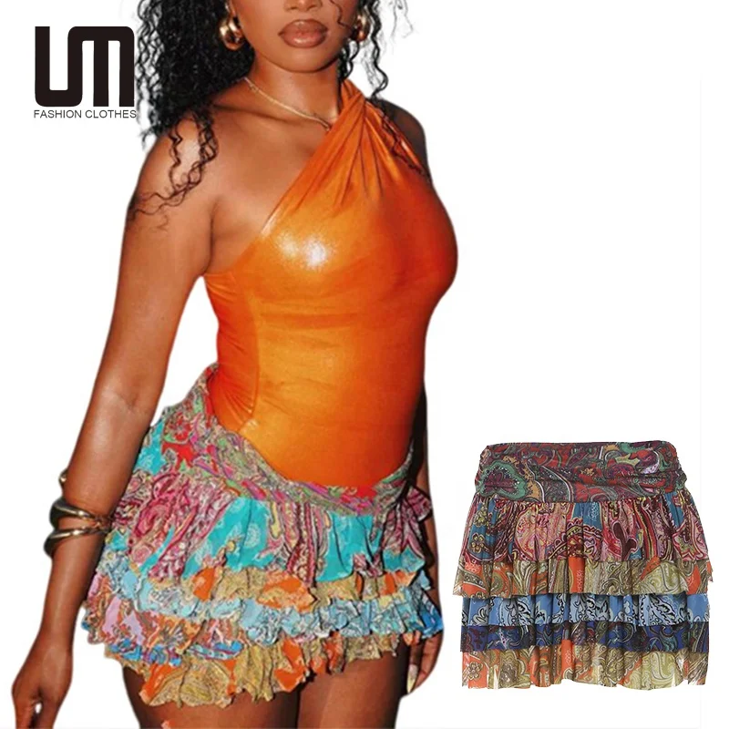 Liu Ming Cheap Wholesale New Design 2024 Ethnic Printed Women Clothing Ruffles High Waist A Line Mini Skirts