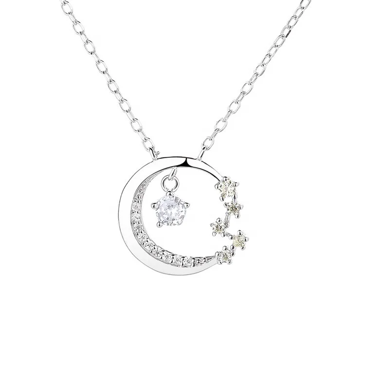 Moon and Star Design Charm Necklace in Sterling Silver 925 Jewelry for Women