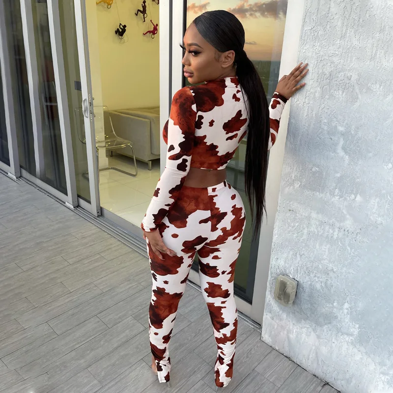 M154 Two piece set women clothing brown cow print spring clothings for women new arrivals 2021
