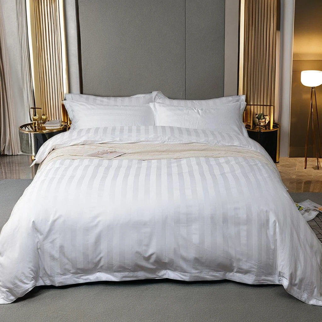 100% Organic Cotton 60*40/173*120 300TC Breathable Satin Fabric with 1cm Stripe Woven Technique