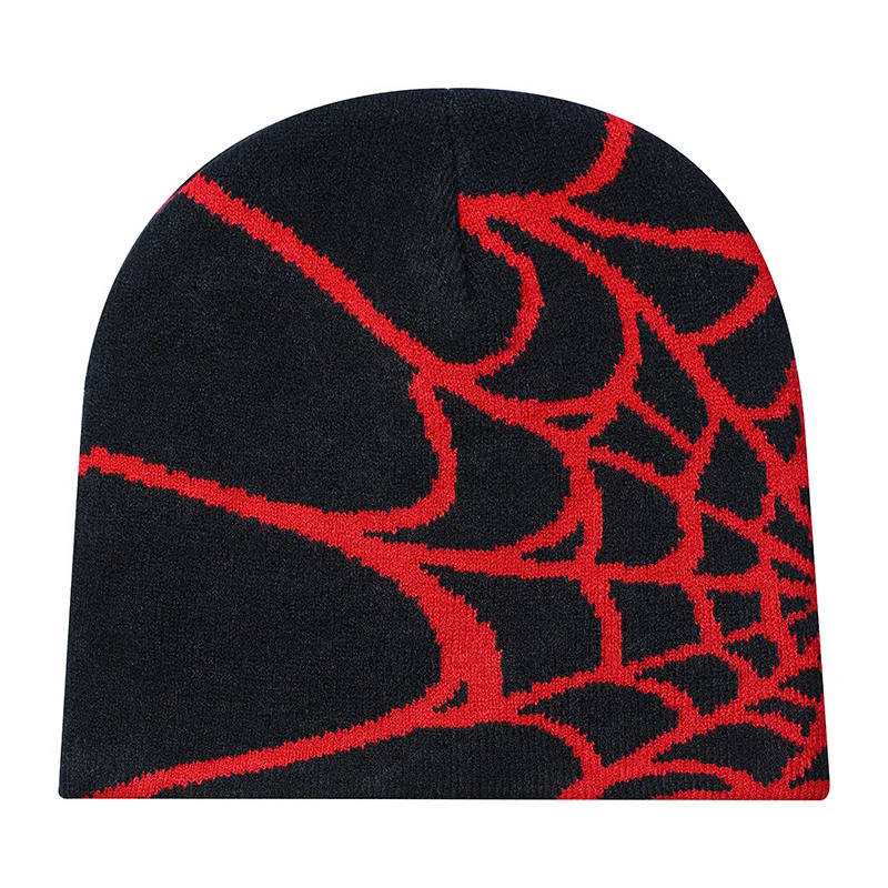 Good Sale Low MOQ Spider Web Pattern Beanie Caps Fashion Warm Knitted Winter Hat Custom Logo Jacquard Cuffless Beanie Hats