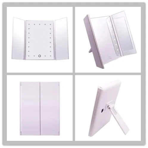 dimmable touch sensor tabletop trifold cosmetic mirror 3 folding led vanity mirror for makeup