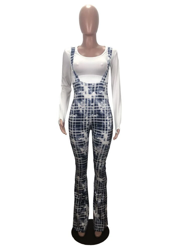 X6015-fall clothing for women plus size plaid suspender flare pants one piece jumpsuit
