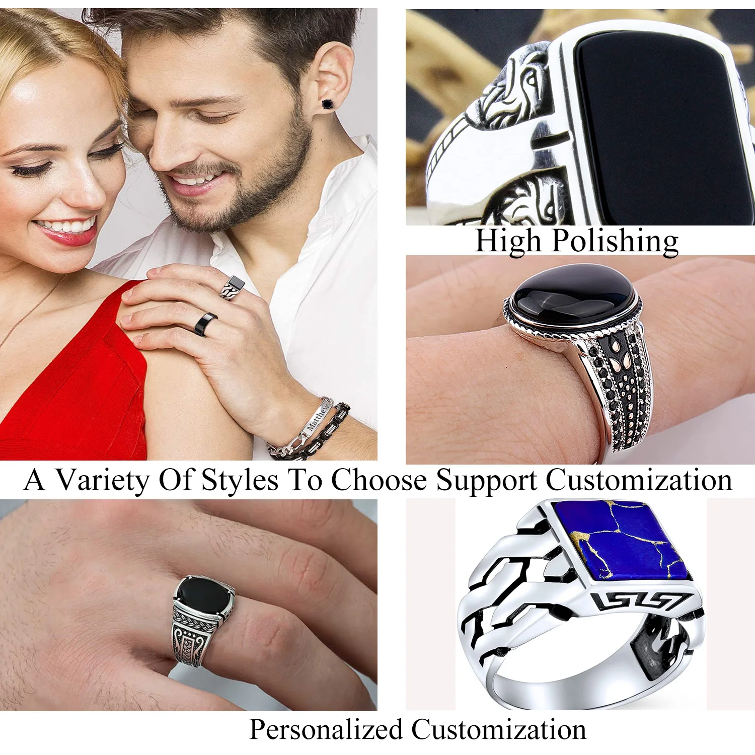 Luxury Custom 925 Sterling Silver Eagle Design Heavy Jewelry Oval Black Solid Stone Gemstone Men Zircon Ring