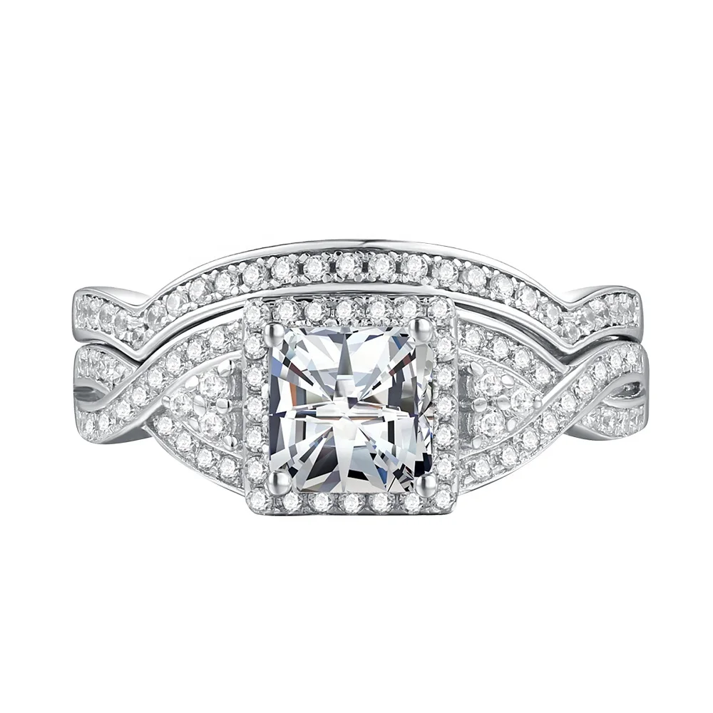 Cheap price fashion zircon jewelry set sterling silver wedding rings with two ring sets