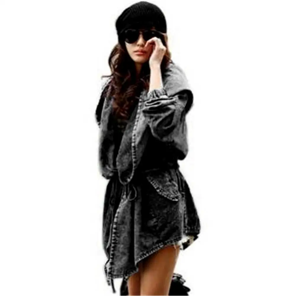 CUHAKCI Newest Style Lady Autumn Winter Loose Hooded Jean Jacket Long Sleeve Mid Length Windbreaker Coat Woman Denim Jacket