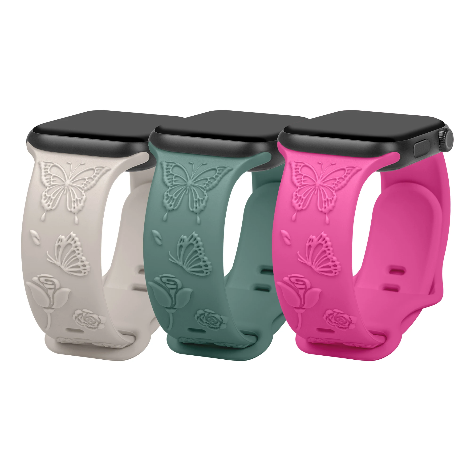 RYB Engraved Butterfly Rose Pattern Band for Apple Watch Series 9 8 7, Designer Soft Silicone Strap for Apple Watch 41mm 45mm