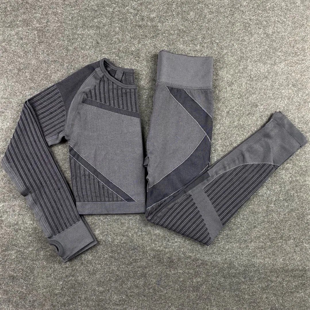 Seamless Mesh Quick Drying Sports Fitness Yoga Wear Gym Outfit Active Wear Mesh Crop Top Long Sleeve Yoga Pant Leggings Set