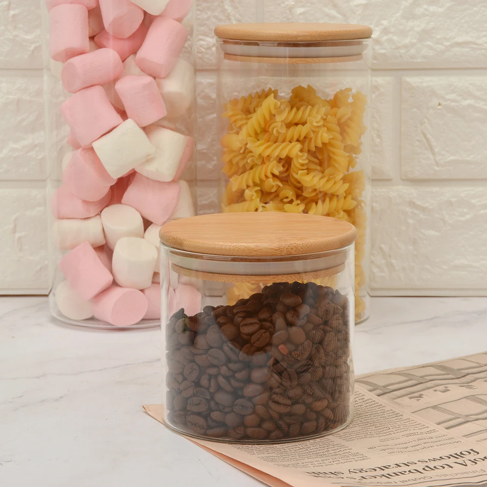 Small Wide Mouth Storage Round Food Clear Custom Borosilicate Glass Jar with Bamboo Lid