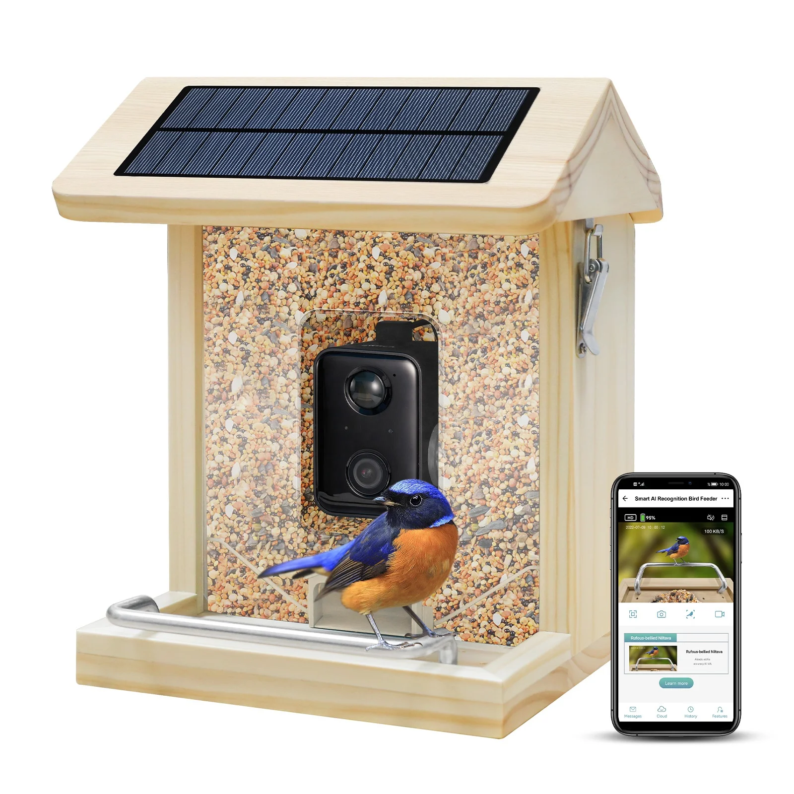 Smart Wooden Bird Feeder with Camera Waterproof Bird Camera with Solar Panel AI Technology Bird Lover APP Control