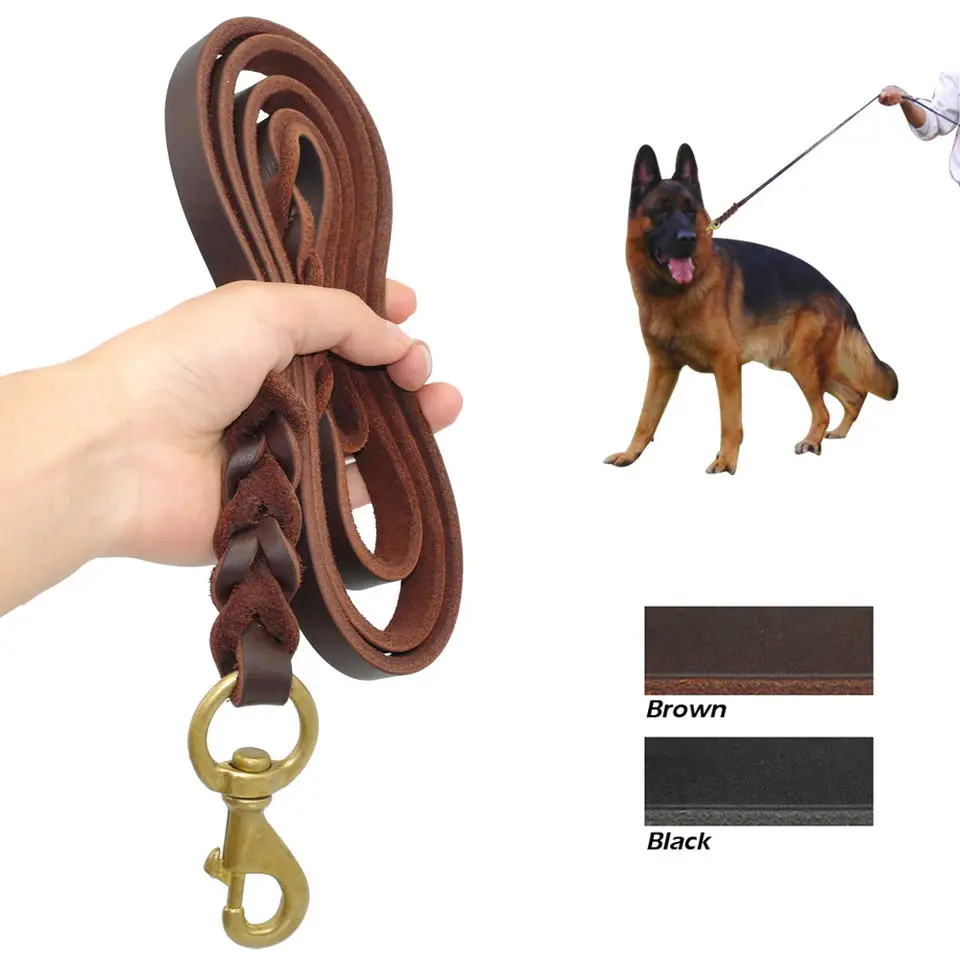 Durable Braided Leather Dog Leash leather Walking Training for Medium Large Dogs pet supplies heavy duty woven dog leash