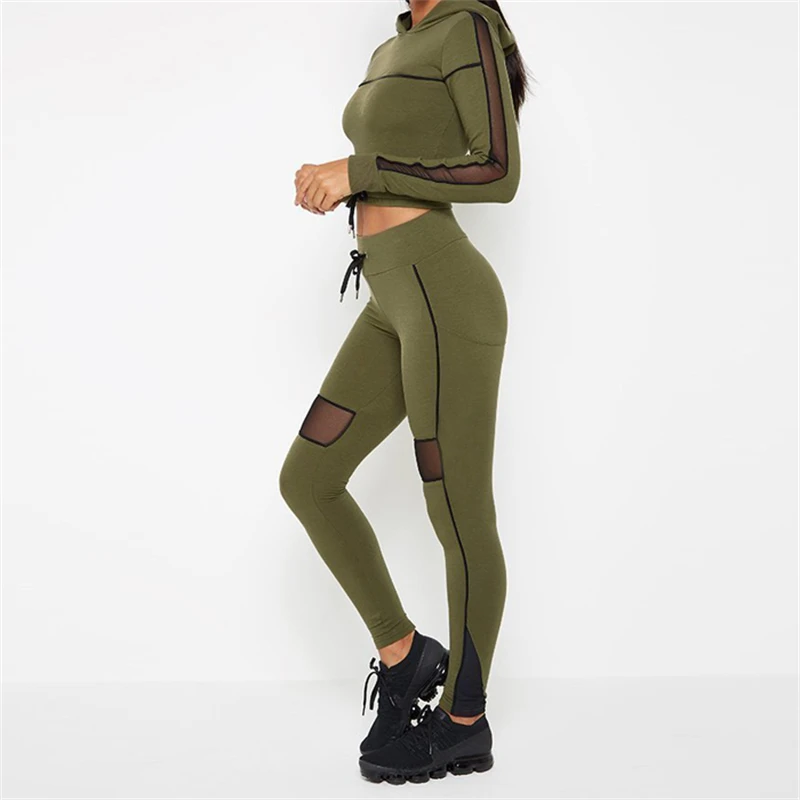Wholesale Fitness Mesh Insert Sexy Womens Green Crop Hoodie Tracksuit crop top designer clothes sweatsuit custom