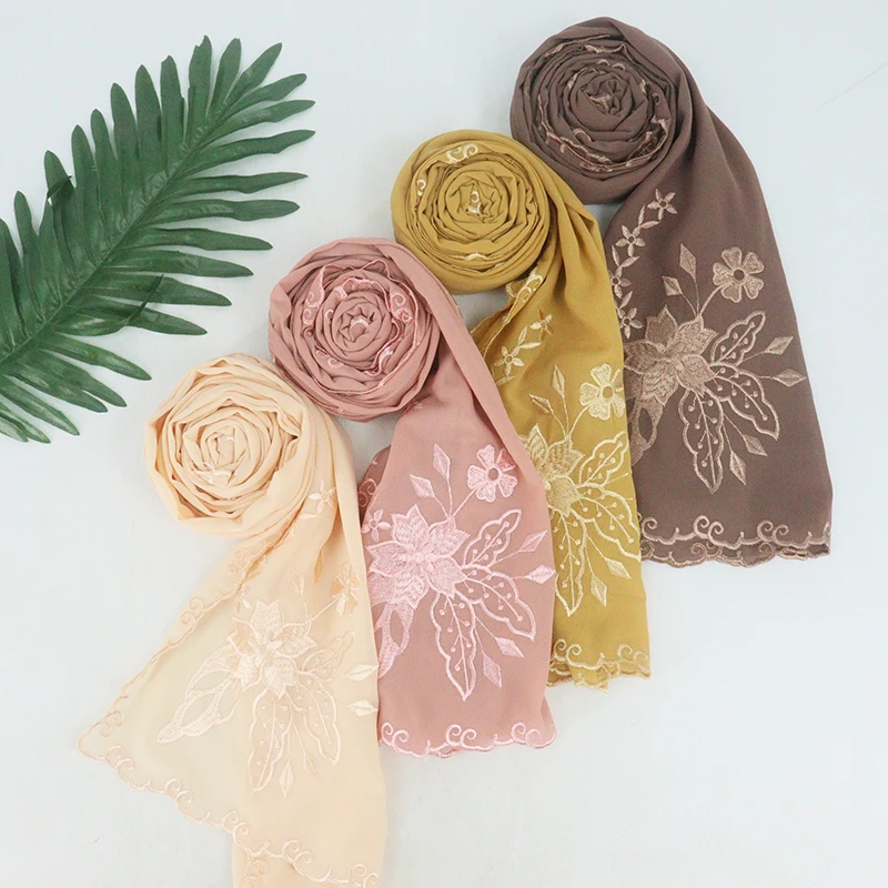 lace chiffon hijab embroidery with shell side flower scarf shawls  for muslim women scarves