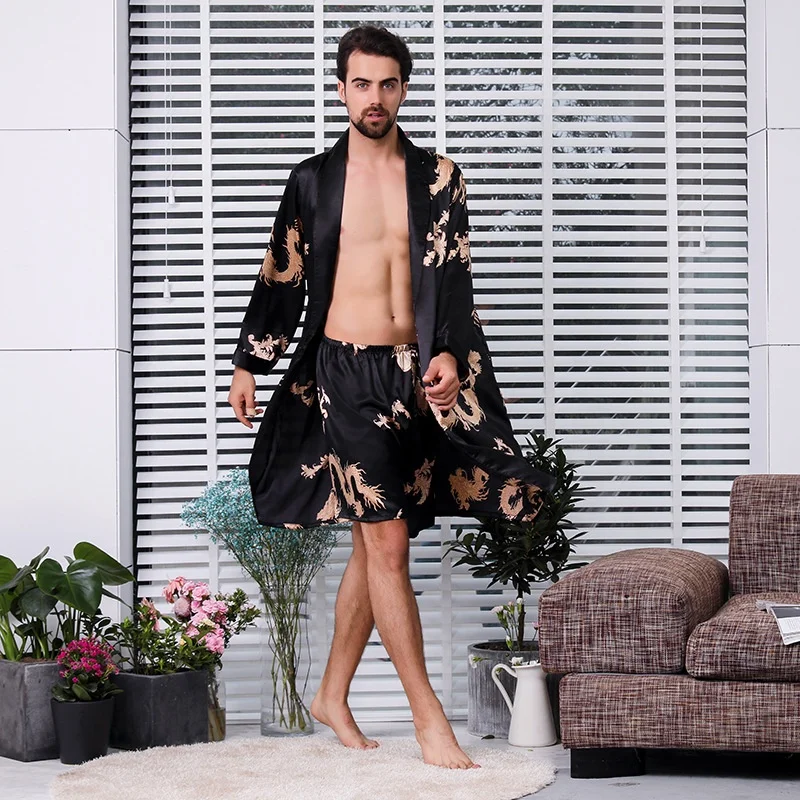 OEM plus size man Gift Custom satin two pieces Silk Satin Long Sleeve polyester Loungewear Pajamas Mans Sleepwear robe set