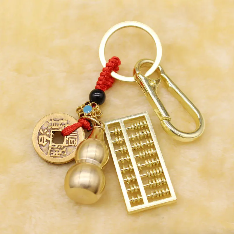 MAIMABrass keychain five emperors money real copper gourd open activity abacus with buckle decorative keychain handmade DIY