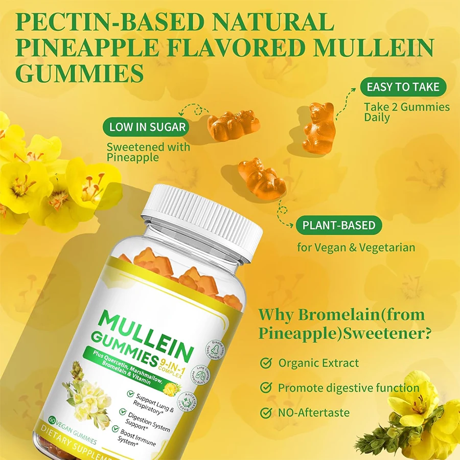 OEM Ready Stock Powerful 9-In-1 Mullein Gummies With Quercetin & Bromelain & Marshmallow For Immune & Respiratory Health Support