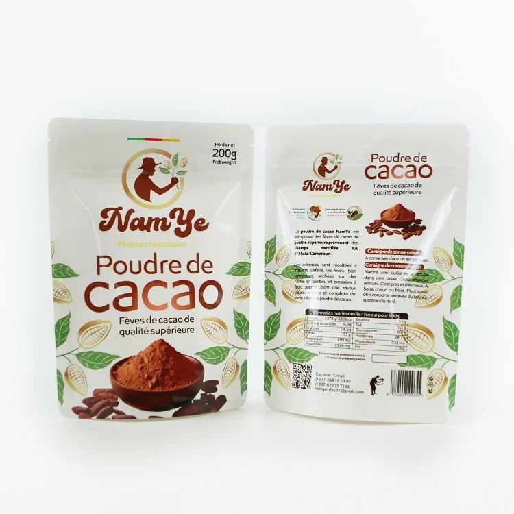 Custom printed logo plastic bags stand up zipper pouch aluminum foil smell proof food cocoa powder coffee beans packaging bag