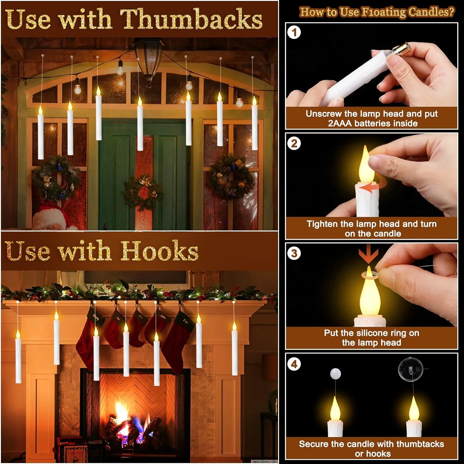 Battery Operated Flameless flickering Harry hanging Taper Floating Fake Candles with Magic Wand Remote