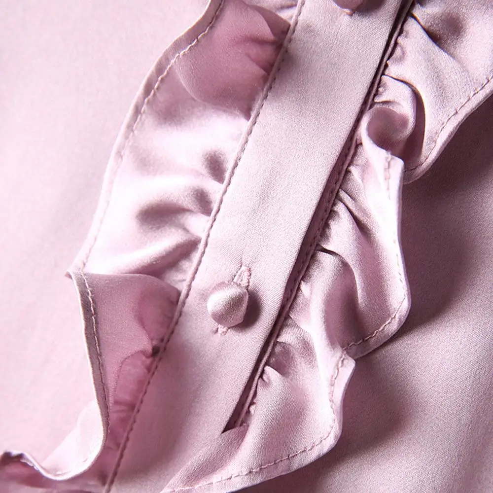 New Spring 2020 Pure Silk Stand Collar Ruffle Patchwork Long Sleeve Shirt Casual Office Blouse For Ladies