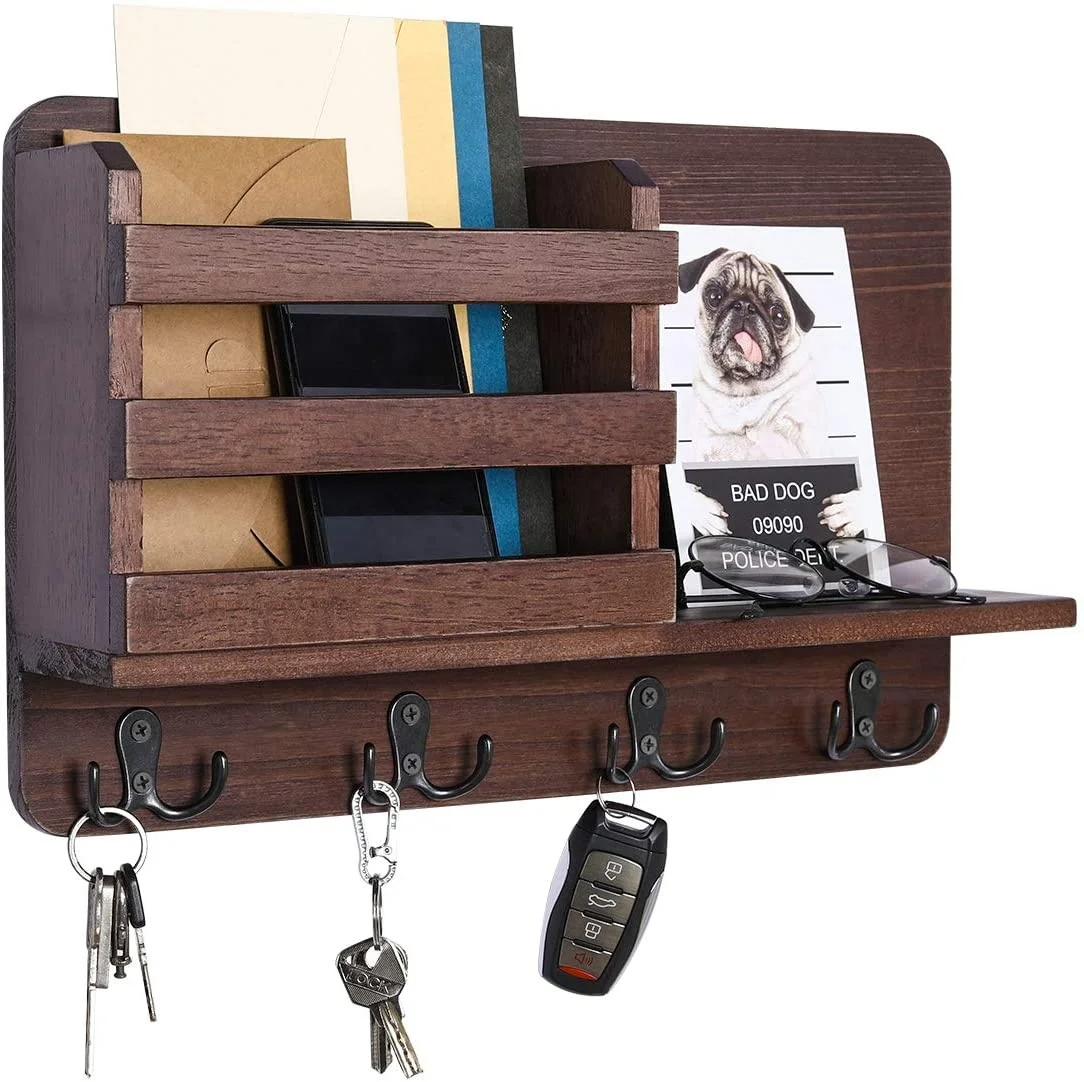 
Hanging Mail Organizer Entryway Wood Floating Shelf Accessories Storage Holder Rack with 4 Double Key Hooks 